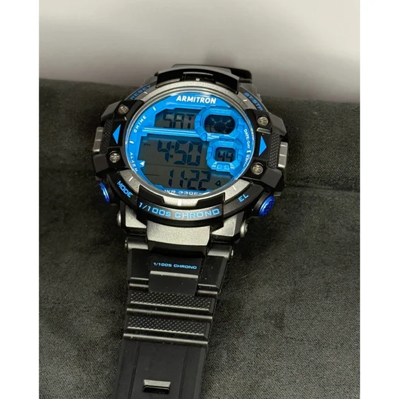 Armitron Men’s Digital Sport Watch Black Blue 330FT WR 1/100s Chronograph Alarm - Picture 6 of 6